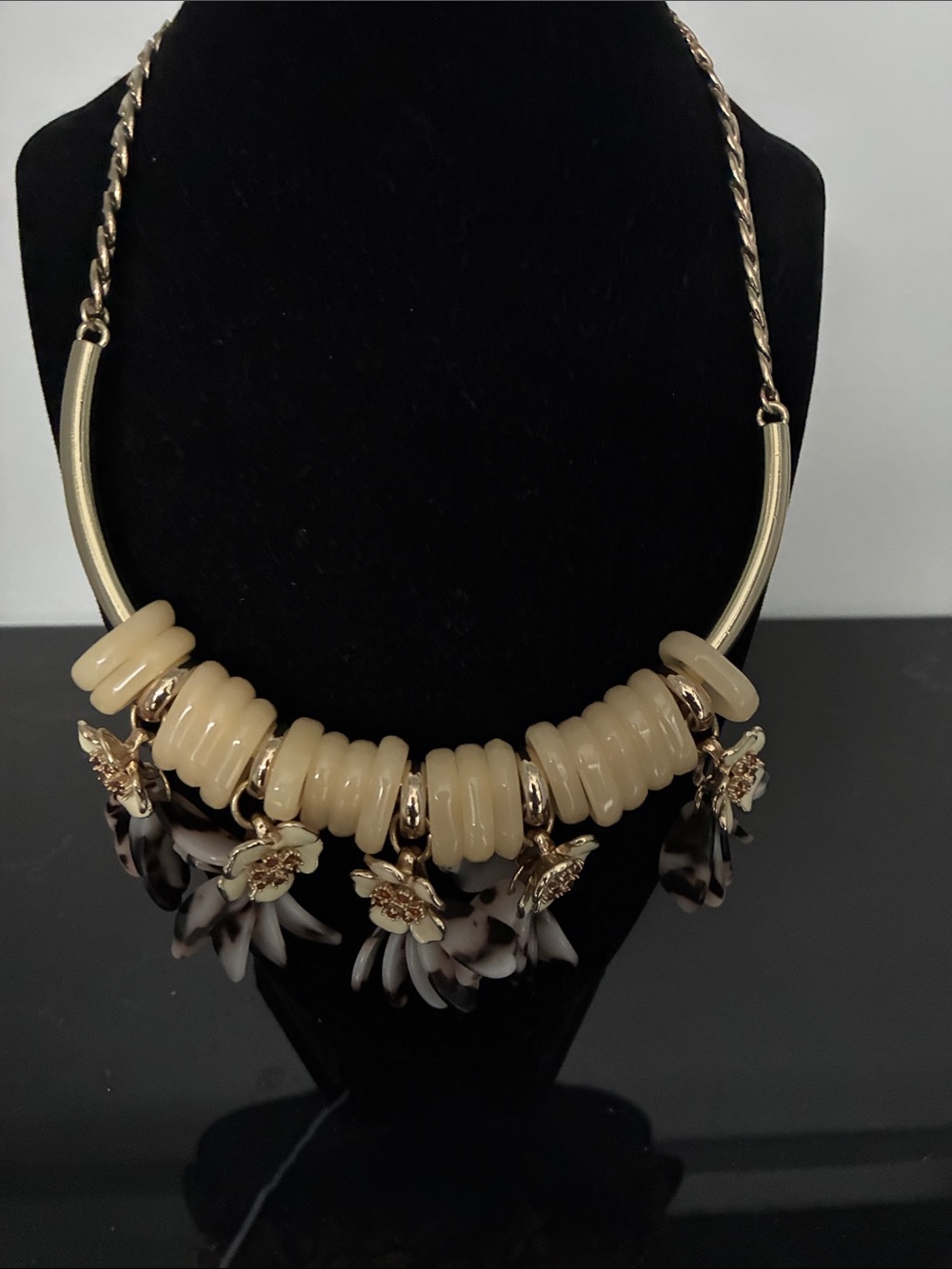 Banana Republic Statement Necklace – Gold-Tone, Cream & Jade Floral Design